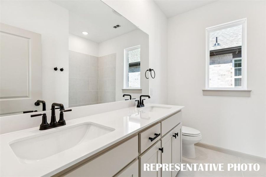 With dual sinks, guests will have their own vanity space in this lovely guest bath. REPRESENTATIVE PHOTO With dual sinks, guests will have their own vanity space in this lovely guest bath. REPRESENTATIVE PHOTO