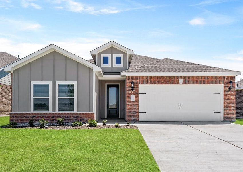 The one-story Sabine floor plan has a siding and brick exterior.