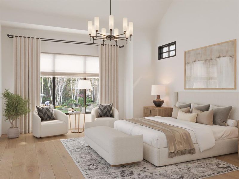 Bedroom featuring light wood-type flooring, multiple windows, high vaulted ceiling, and a chandelier