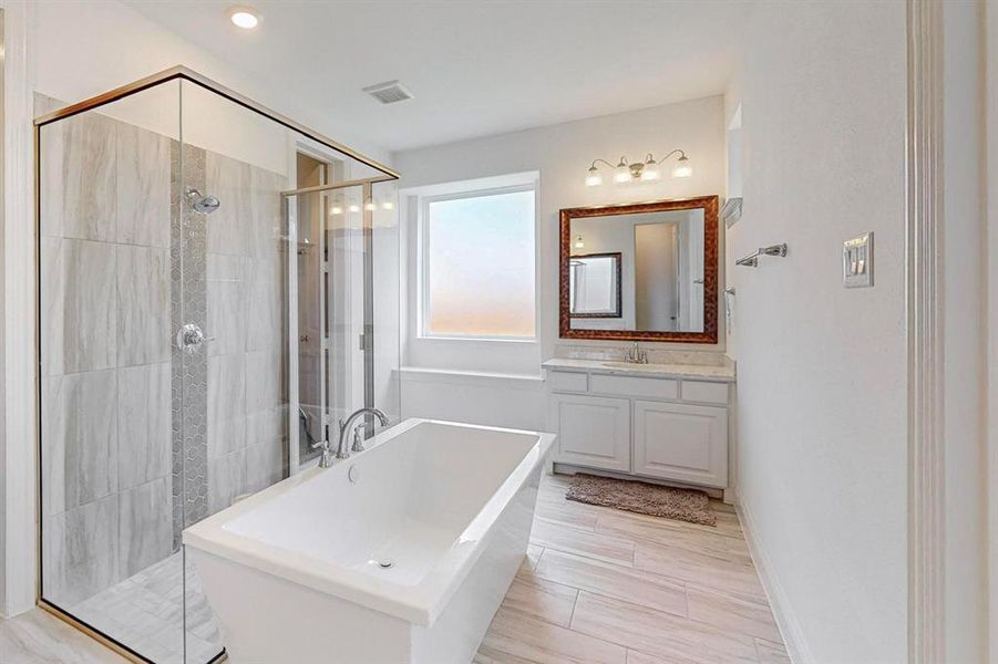 Primary Bathroom featuring dual vanity (only one visible from this angle) as well as massive shower and separate bath