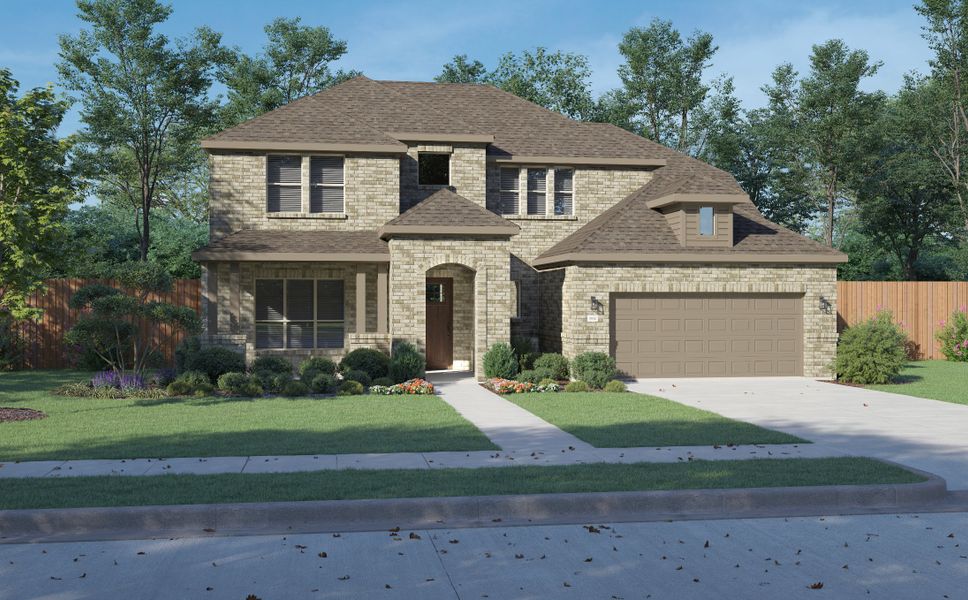 Front exterior of a new home in Painted Tree Lakeside, McKinney, TX, highlighting curb appeal (Image 1). Front exterior of a new home in Painted Tree Lakeside, McKinney, TX, highlighting curb appeal (Image 1).