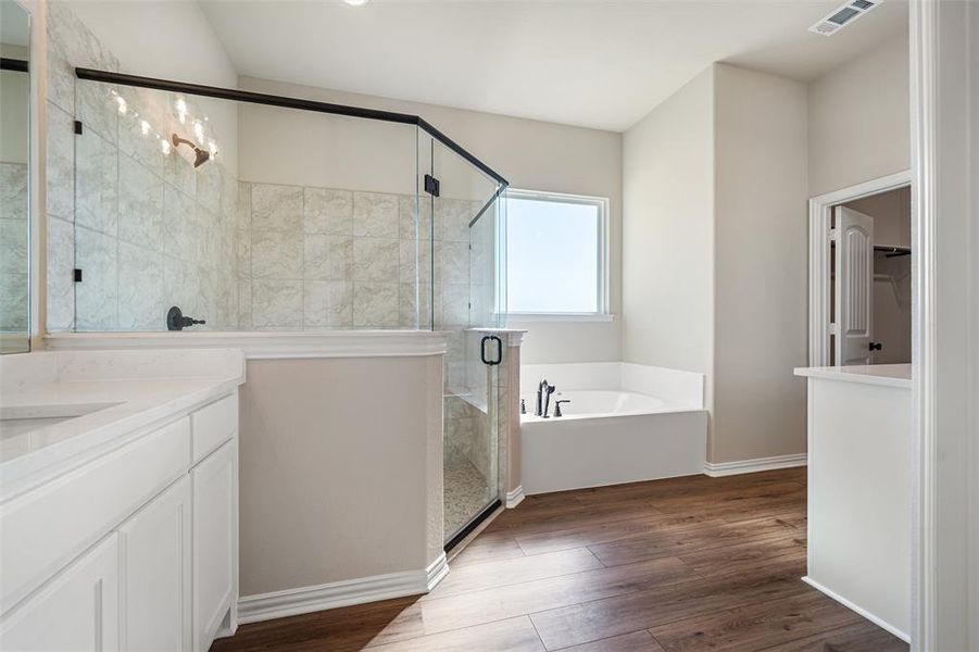 Full bathroom with a bath, a shower stall, dark wood-style floors, and vanity