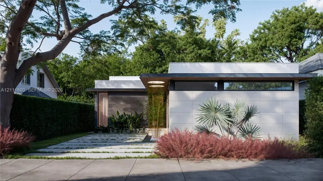 Modern flat-roof architecture featuring light-toned panel cladding, horizontal clerestory windows, an extended roof overhang, and a paved geometric driveway Modern flat-roof architecture featuring light-toned panel cladding, horizontal clerestory windows, an extended roof overhang, and a paved geometric driveway