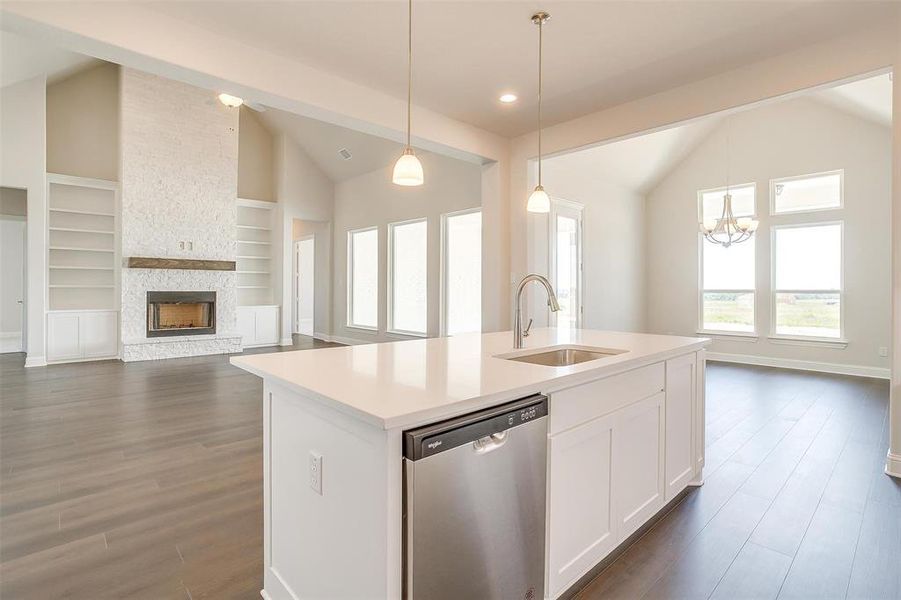 Kitchen with built in features, dark hardwood / wood-style flooring, stainless steel dishwasher, a stone fireplace, and sink