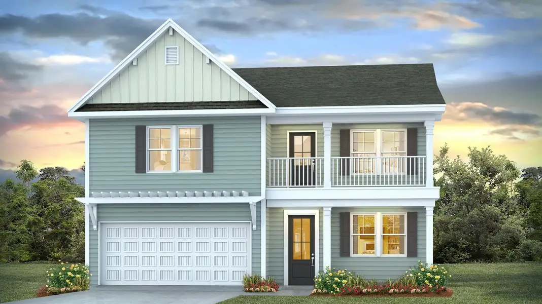 Front exterior of a new home in Shell Pointe, Gilbert, SC, highlighting curb appeal (Image 1). Front exterior of a new home in Shell Pointe, Gilbert, SC, highlighting curb appeal (Image 1).