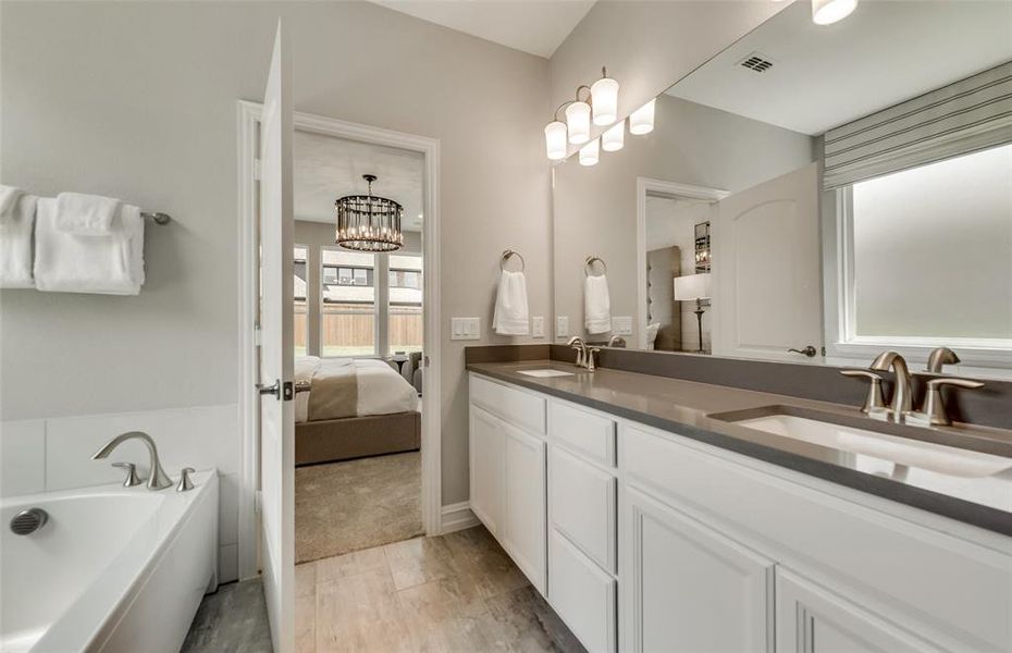 Owner's bathroom with dual vanity  *Photos of furnished model. Not actual home. Representative of floor plan. Some options and features may vary.