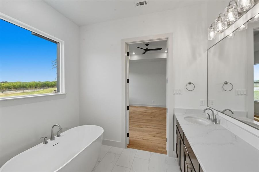 Bathroom featuring vanity and a freestanding tub Bathroom featuring vanity and a freestanding tub