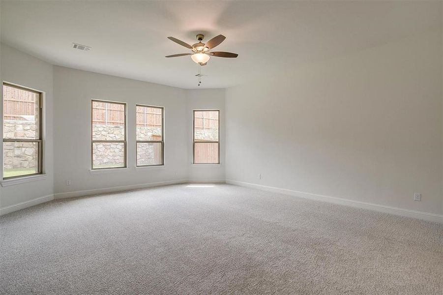 Spare room featuring plenty of natural light, carpet, and ceiling fan