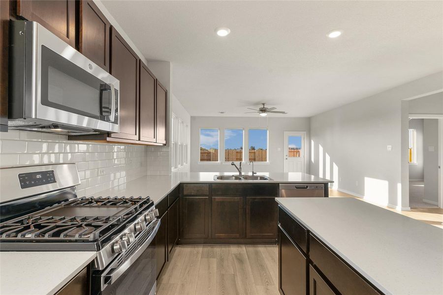 Kitchen featuring stainless steel appliances, dark wood finish cabinetry, light wood-style floors, backsplash, and a ceiling fan