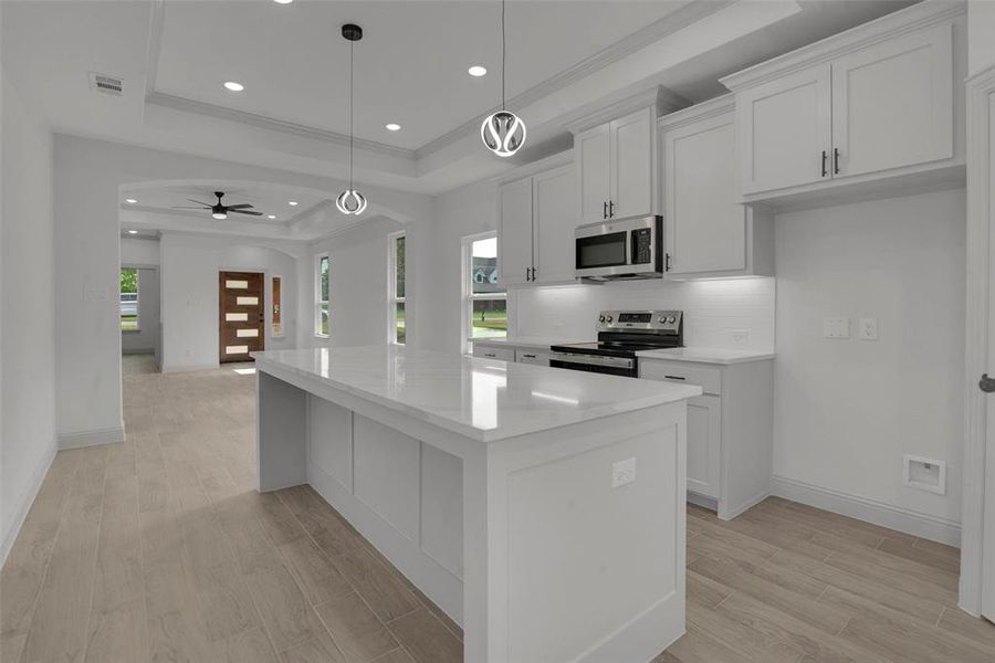 Kitchen with stainless steel appliances, a tray ceiling, ceiling fan, a center island, and light wood-style flooring Kitchen with stainless steel appliances, a tray ceiling, ceiling fan, a center island, and light wood-style flooring