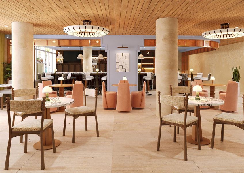 An inviting place to gather with friends, enjoy a coffee or cocktail, and spend time in the lounge designed by award-winning Kim Lewis Designs. Comfortable seating supports both casual meetings and dining.