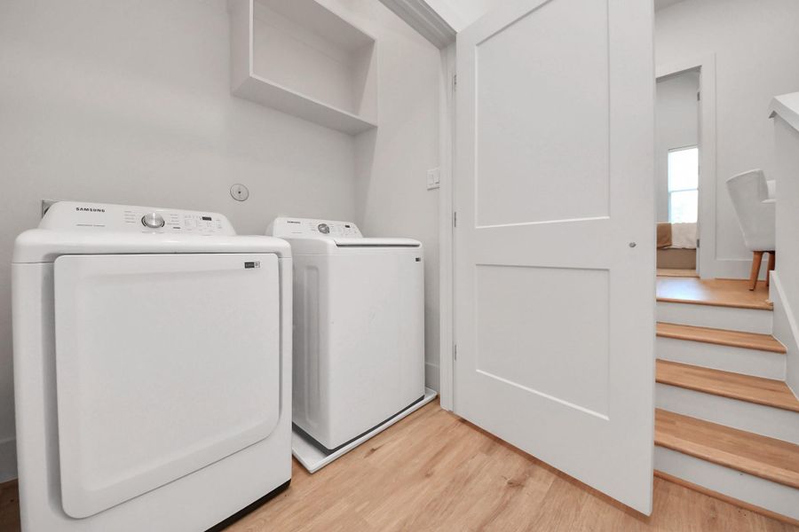 Convenience meets functionality in this practical laundry room, it is thoughtfully designed for modern living. Washer and dryer are included! Convenience meets functionality in this practical laundry room, it is thoughtfully designed for modern living. Washer and dryer are included!