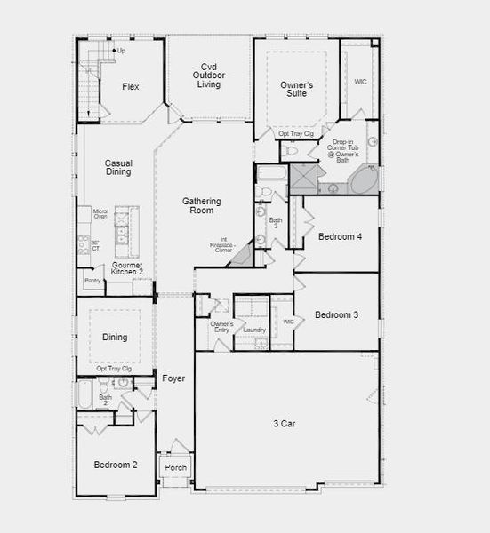 Structural options include: fireplace in gathering room and additional bedroom suite upstairs.