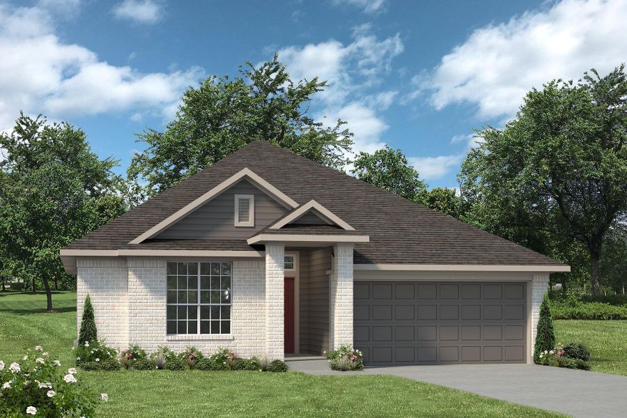 Front exterior of a new home in Sterling Ridge, Huntsville, TX, highlighting curb appeal (Image 1).