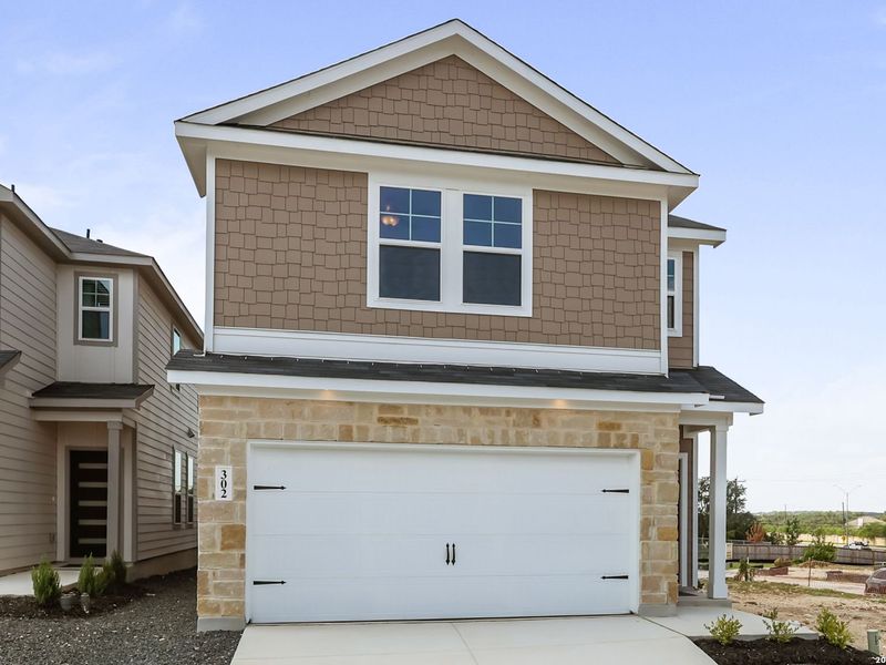 Front exterior of a new home in Meadows at Oak Creek, San Antonio, TX, highlighting curb appeal (Image 18).