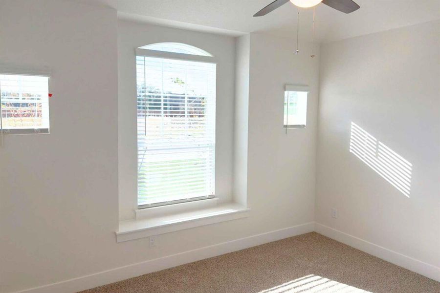 Empty room with carpet flooring and a ceiling fan Empty room with carpet flooring and a ceiling fan