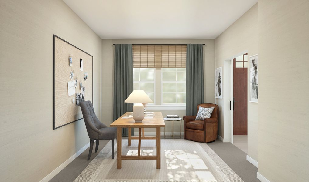 Home office with double barn doors off the foyer