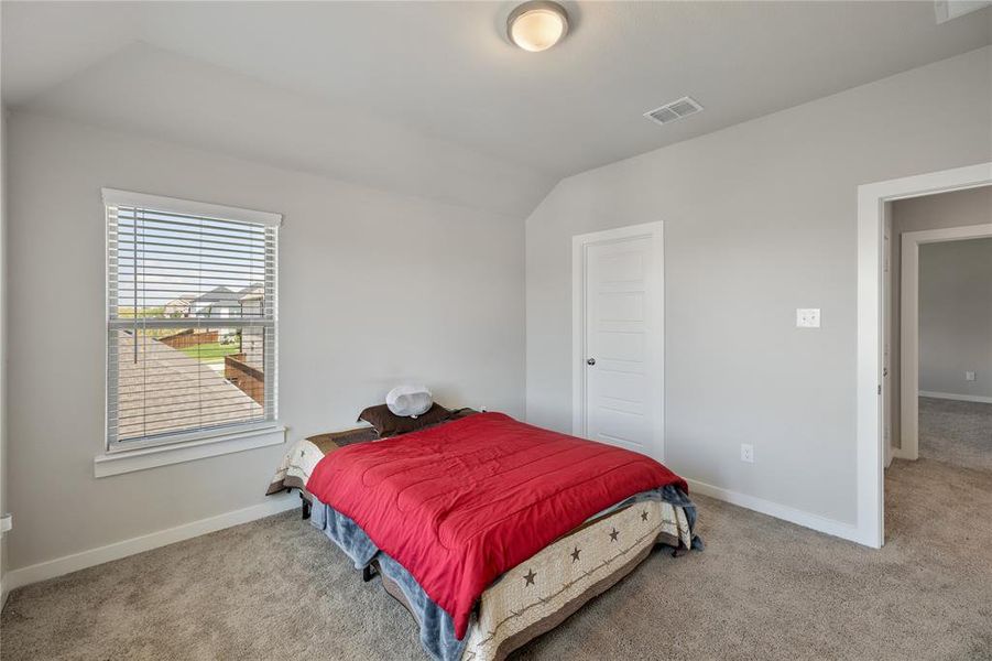 Carpeted bedroom with vaulted ceiling