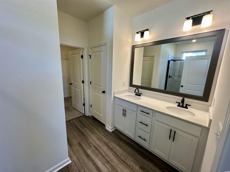 Full bath with a walk in closet, double vanity, a tile shower, and dark wood-style floors Full bath with a walk in closet, double vanity, a tile shower, and dark wood-style floors