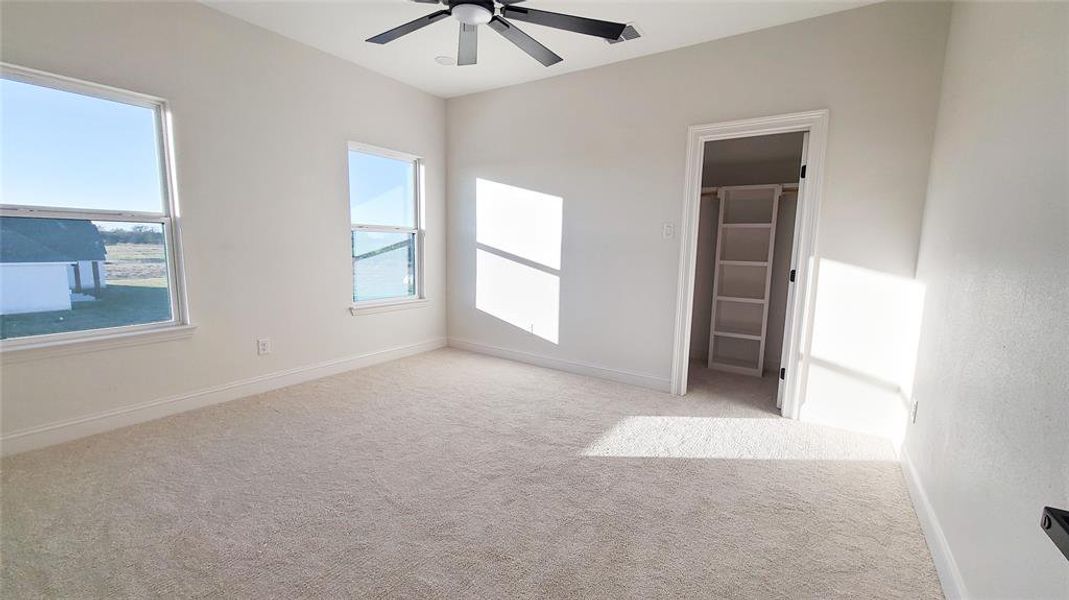 Unfurnished room featuring light colored carpet, a wealth of natural light, and ceiling fan