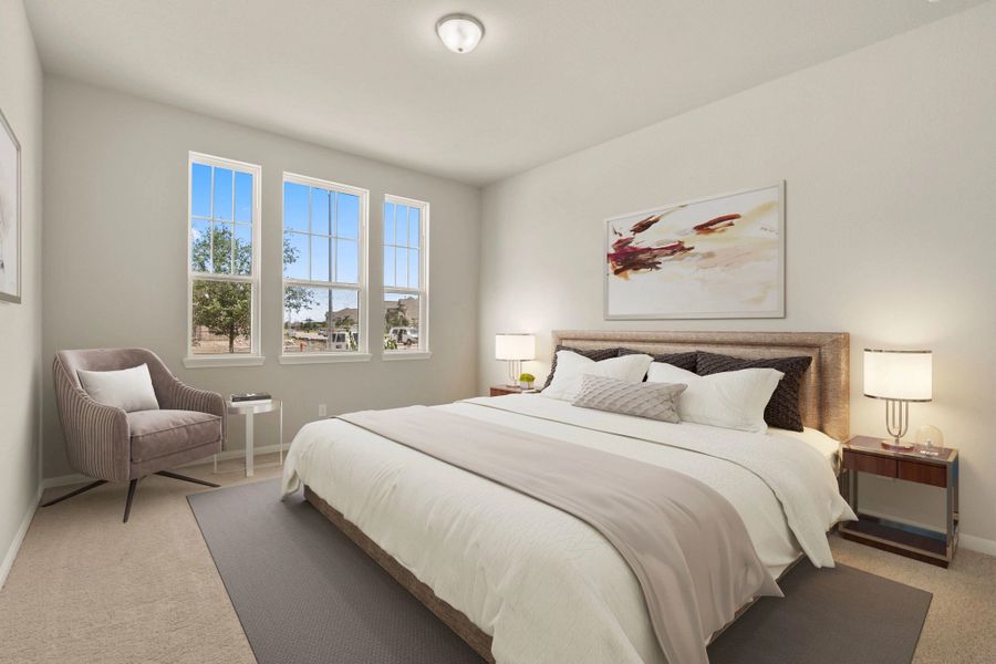Primary bedroom. Note: Sample product photo. Actual exterior and interior selections may vary by homesite. Photo may be virtually staged