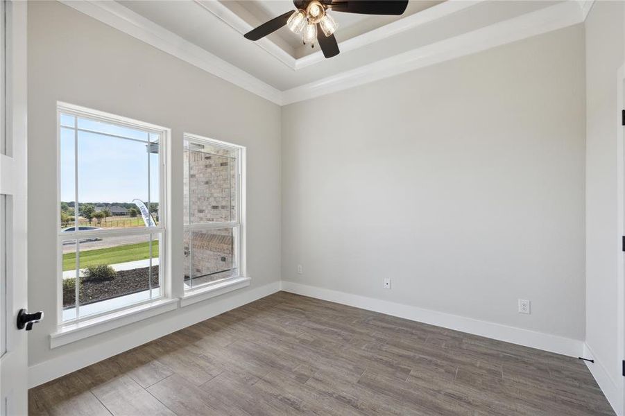 Spare room featuring wood-type flooring, a tray ceiling, crown molding, and ceiling fan