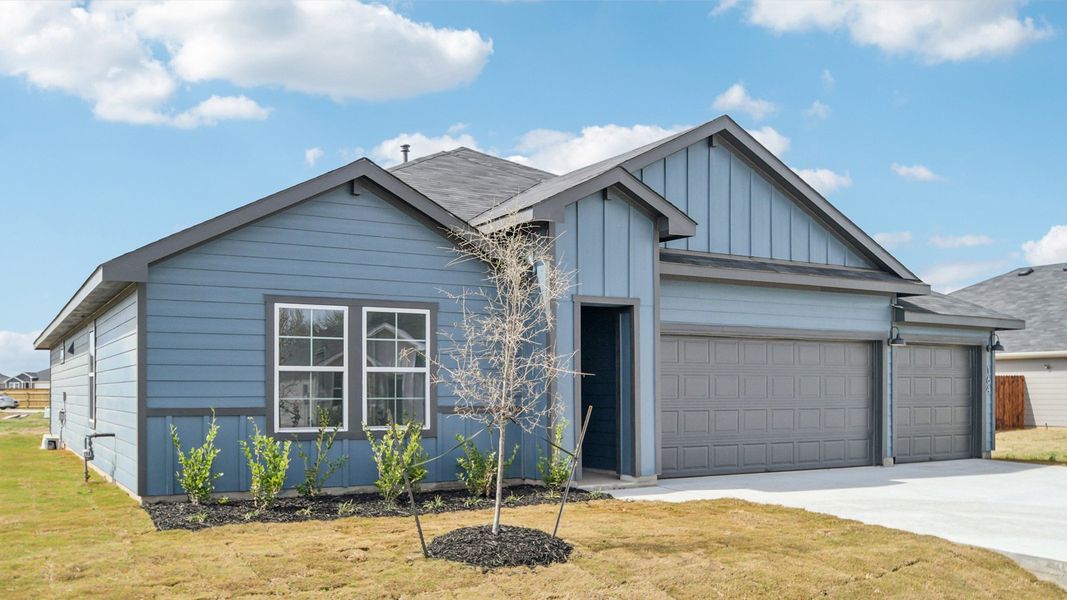 Front exterior of a new home in Railhead, Cedar Creek, TX, highlighting curb appeal (Image 16).