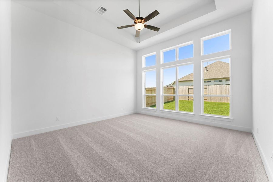 The Primary Bedroom is Downstairs with Walk-in Closet, Plush Carpeting, Fan, and Tall Windows
