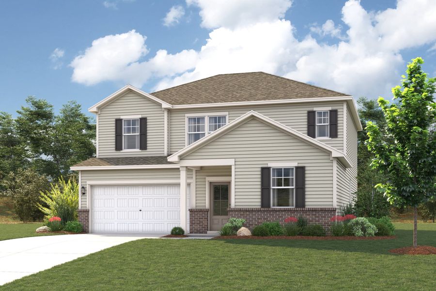 A house with a garage and trees. A house with a garage and trees.