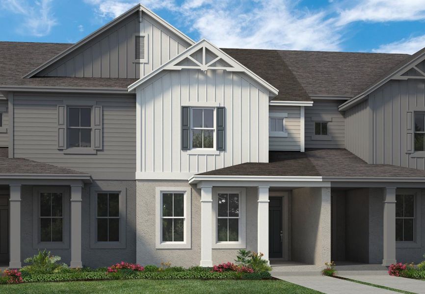 Representative exterior photo of a completed home built from the Whitney by Rockwell Homes in Harvest at Ovation - Townhomes, Winter Garden, FL (Image 22). Representative exterior photo of a completed home built from the Whitney by Rockwell Homes in Harvest at Ovation - Townhomes, Winter Garden, FL (Image 22).