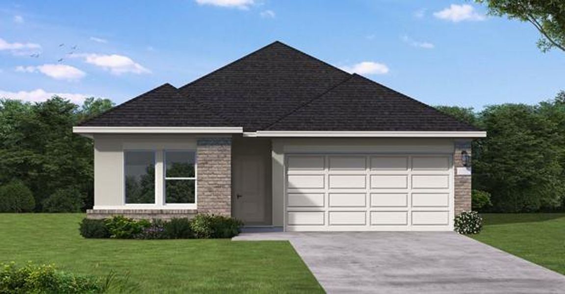 Front exterior of a new home in Cypress Green, Hockley, TX, highlighting curb appeal (Image 1). Front exterior of a new home in Cypress Green, Hockley, TX, highlighting curb appeal (Image 1).