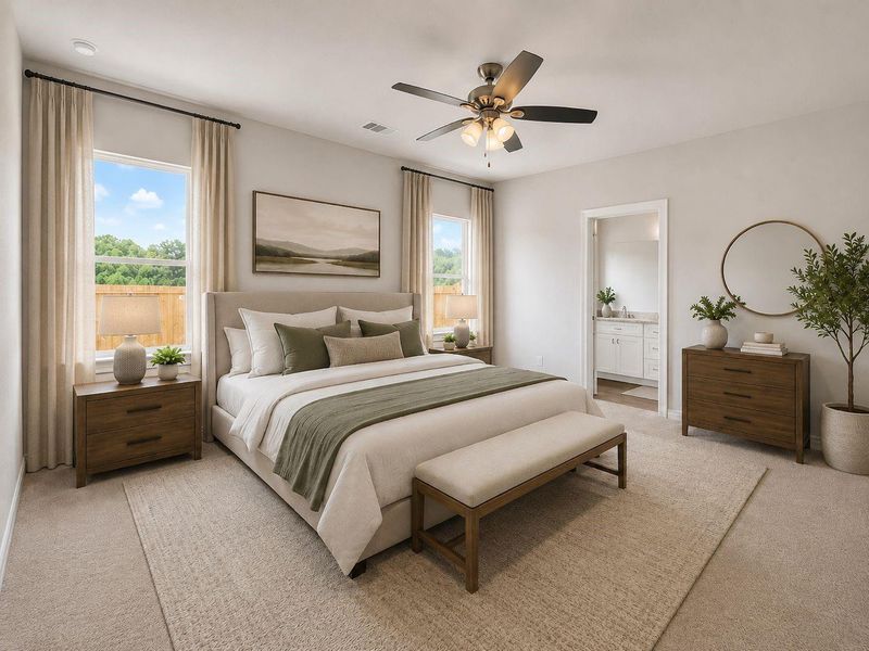 Primary Bedroom. Virtual staging for reference to showcase the floor plan potential.