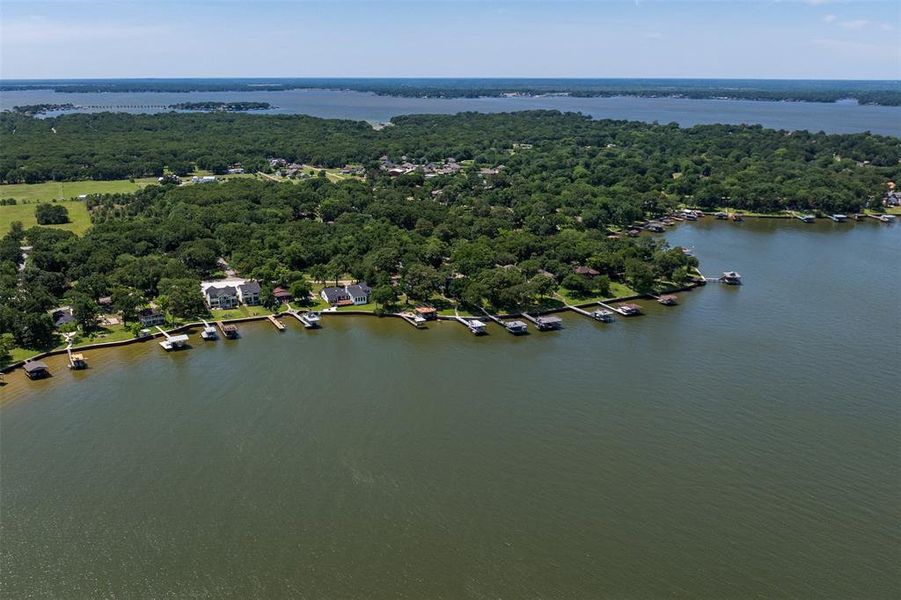 Waterfront properties featuring private boat docks and dense surrounding tree cover