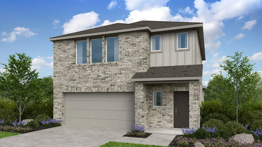 Representative exterior photo of a completed home built from the Merlin by Taylor Morrison in Sunfield, Mustang Ridge, TX (Image 1). Representative exterior photo of a completed home built from the Merlin by Taylor Morrison in Sunfield, Mustang Ridge, TX (Image 1).