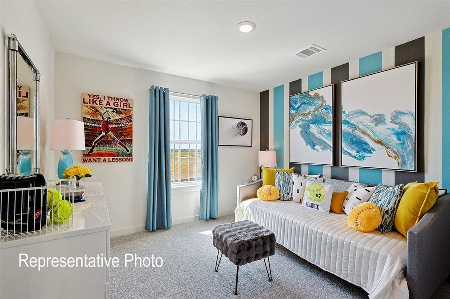 Carpeted room with a double-pane window, recessed lighting, and a feature wall with vertical stripes