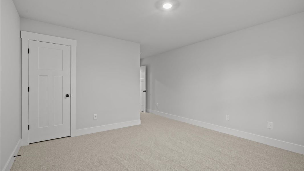 Accomplished design shines in this carpeted bedroom with a functional walk-in closet Accomplished design shines in this carpeted bedroom with a functional walk-in closet