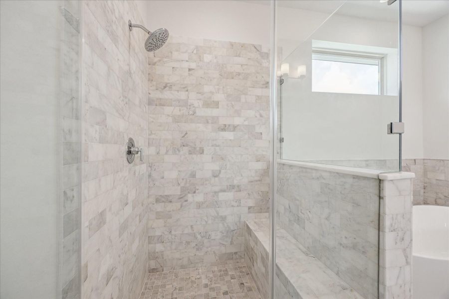 Separate Frameless Shower with Bench Seating * Marble Everywhere.