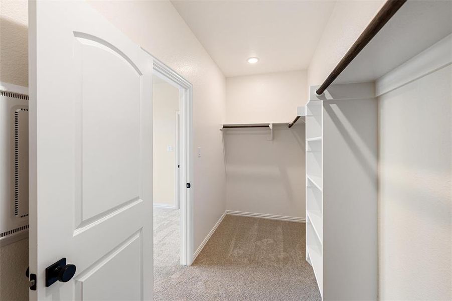 Walk in closet featuring light colored carpet and a heating unit