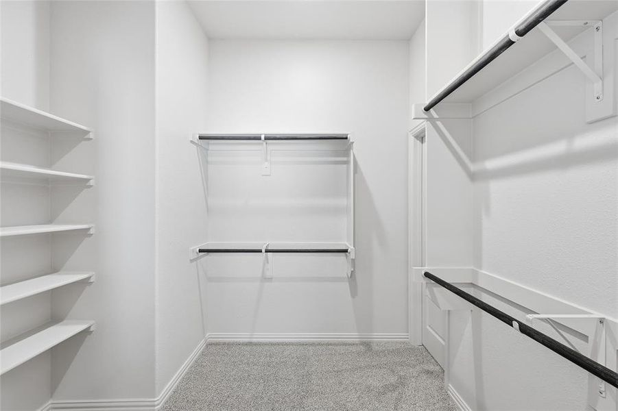 Walk in closet with light carpet