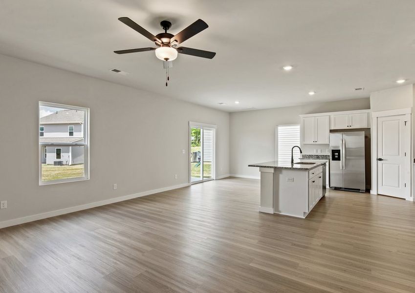 The kitchen overlooks the dining area