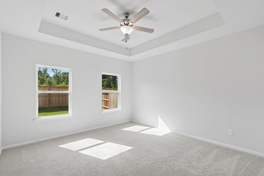 The Sparrow II- Primary Suite, Tray Ceiling not Included. Sample floor plan image for illustration; upgrades, options, and colors may vary. The Sparrow II- Primary Suite, Tray Ceiling not Included. Sample floor plan image for illustration; upgrades, options, and colors may vary.