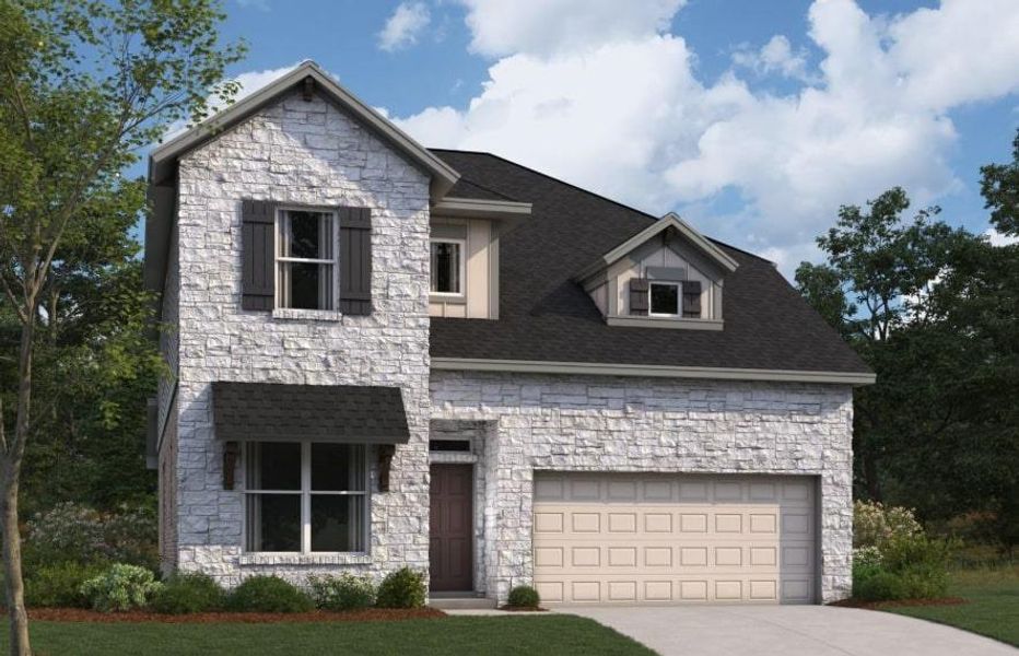 Front exterior of a new home in Estancia West, Manchaca, TX, highlighting curb appeal (Image 2).
