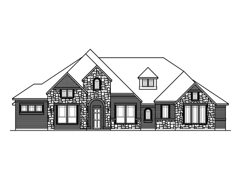 Black-and-white architectural line drawing of a single-story home with stone and siding exterior, arched entry, and dormer window. Black-and-white architectural line drawing of a single-story home with stone and siding exterior, arched entry, and dormer window.