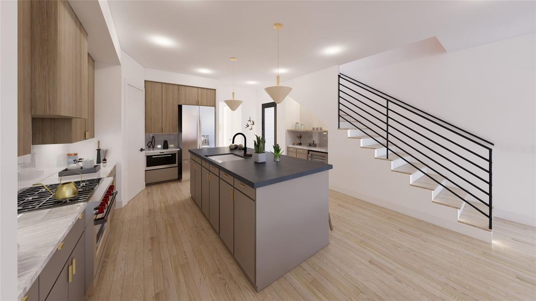 This gourmet kitchen also features a dry bar with wine cooler and gorgeous designer finishes.