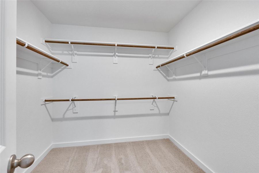 Walk in closet with light colored carpet