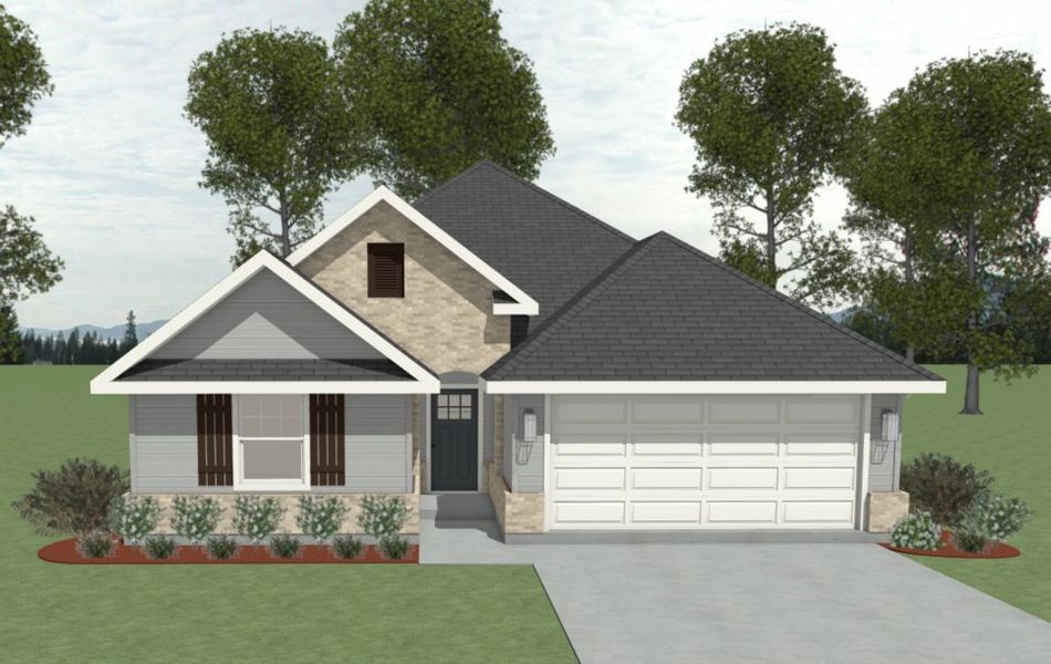 Front exterior of a new home in Pinemont, Bryan, TX, highlighting curb appeal (Image 1).