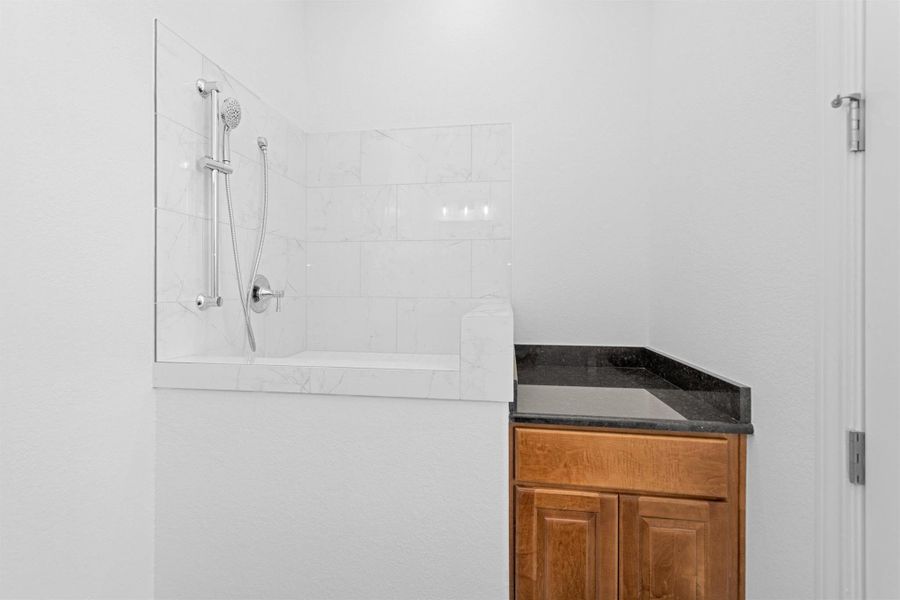 A thoughtful addition to the home, this dedicated pet wash station features a tiled step-in basin and handheld sprayer—perfect for keeping paws clean with ease.