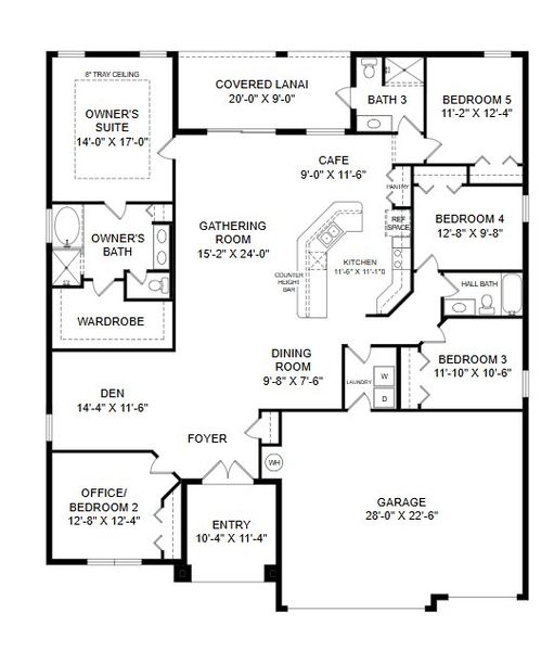 2D floor plan layout for the Willow II by Highland Homes of Florida in Keen's Grove, Lakeland, FL (Image 5).
