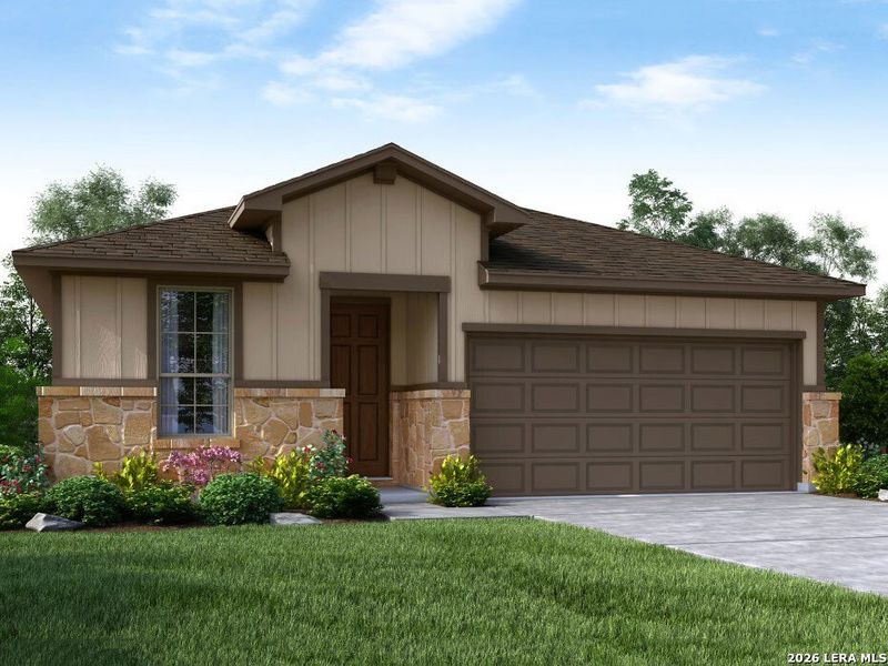 Front exterior of a new home in Estancia Ranch - Premier Series, San Antonio, TX, highlighting curb appeal (Image 1). Front exterior of a new home in Estancia Ranch - Premier Series, San Antonio, TX, highlighting curb appeal (Image 1).