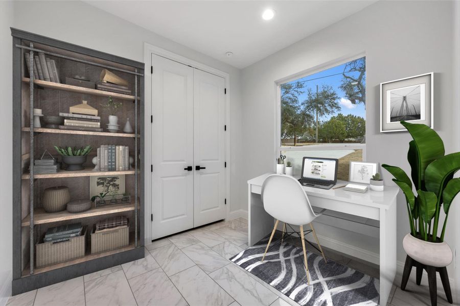 Office space featuring light marble finish flooring and baseboards